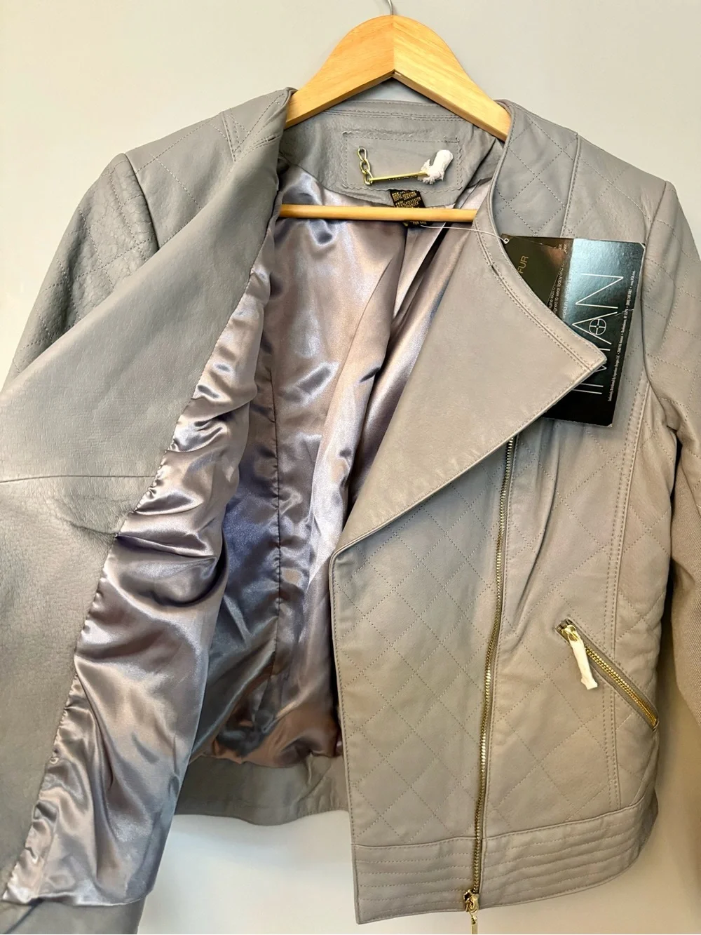 IMAN Gray Quilted Asymmetrical Leather Jacket
